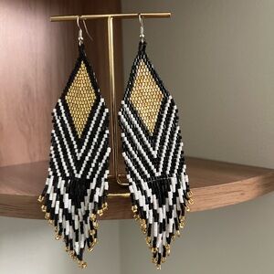 Dazzling Black and Gold Chevron Beaded Earrings